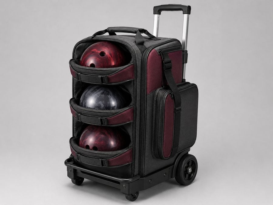Custom embroidered triple-ball stacked bowling roller bag for tournaments